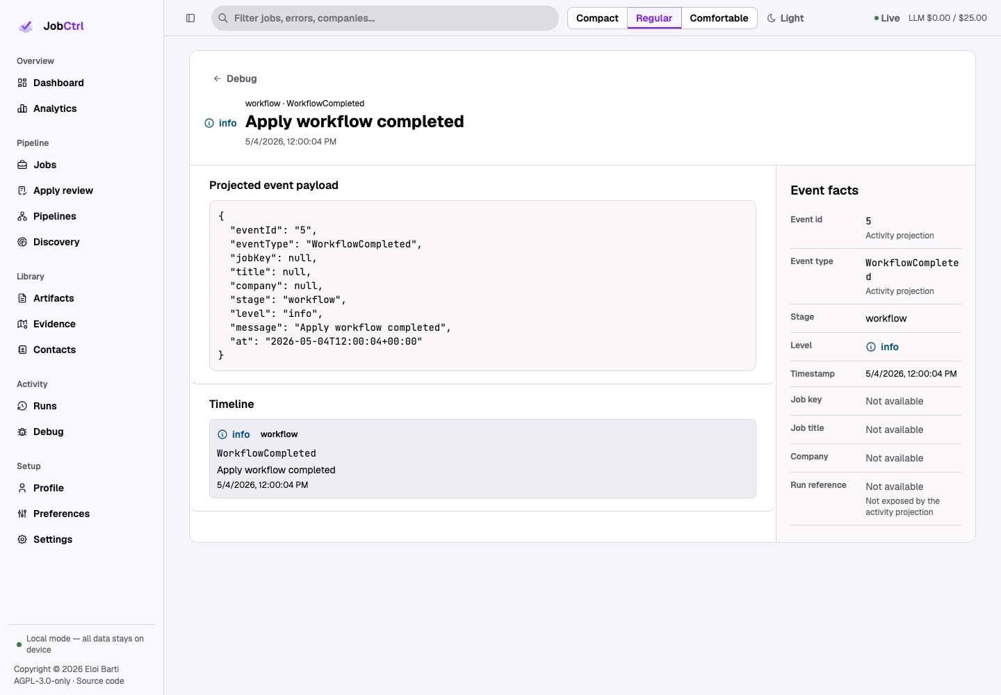 JobCtrl Activity Detail route workspace with event facts, projected payload, and timeline