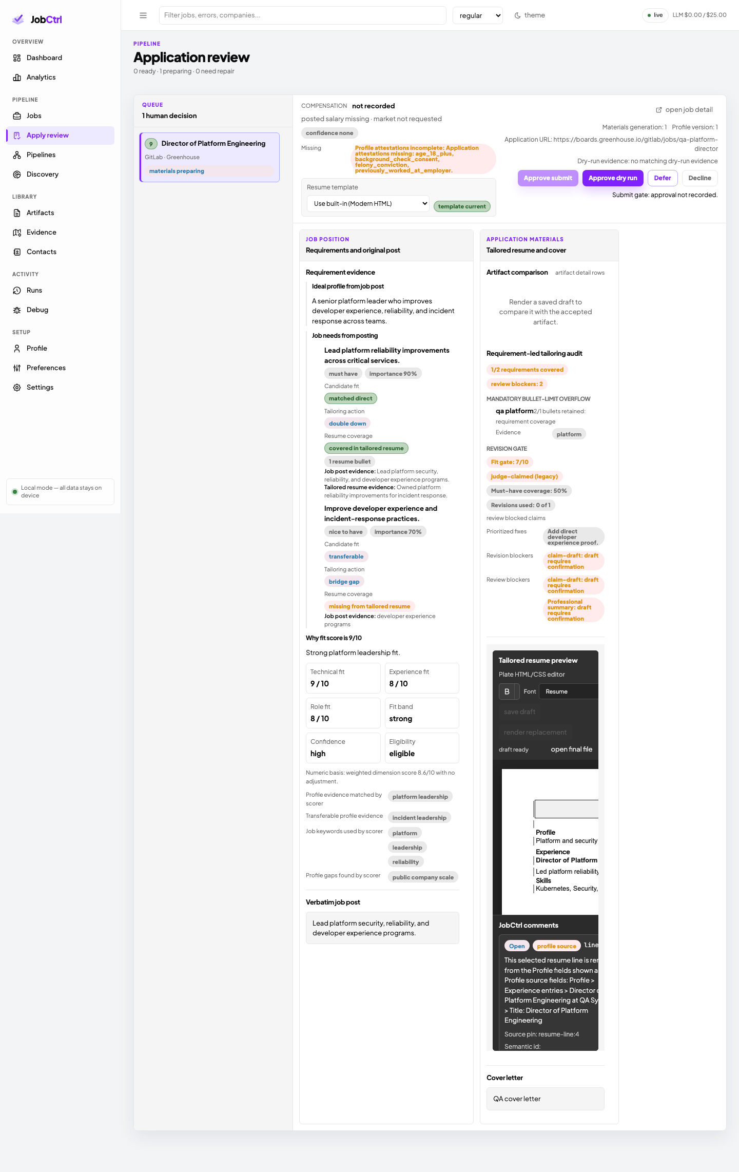 JobCtrl Apply Review with tailored resume preview, requirement evidence, and approval controls