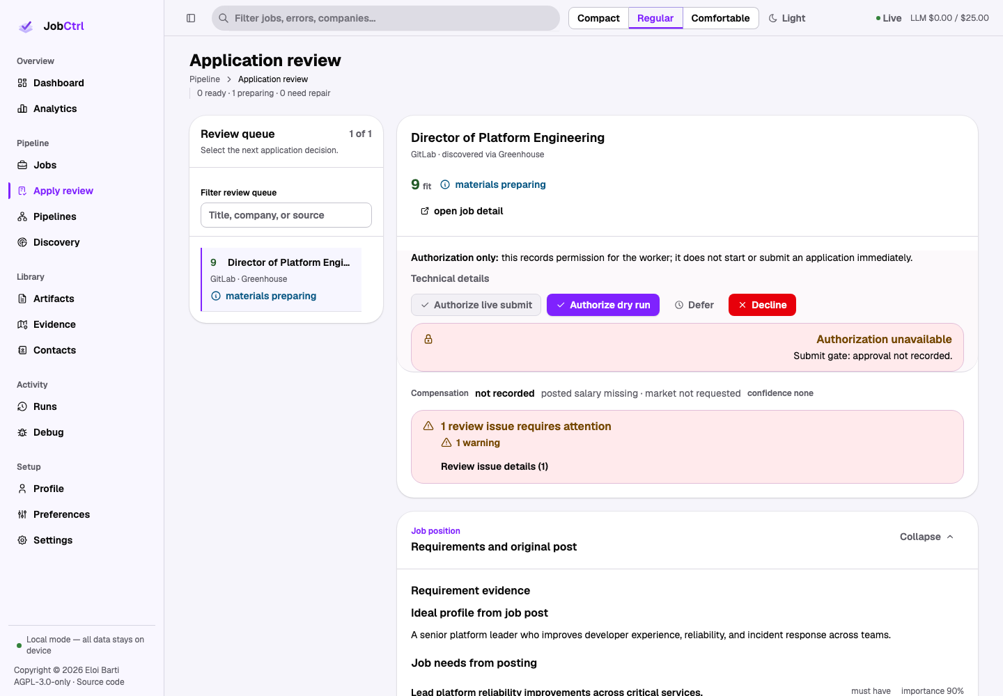 JobCtrl Application Review workspace with review queue, job evidence, resume editor, audit, and approval controls