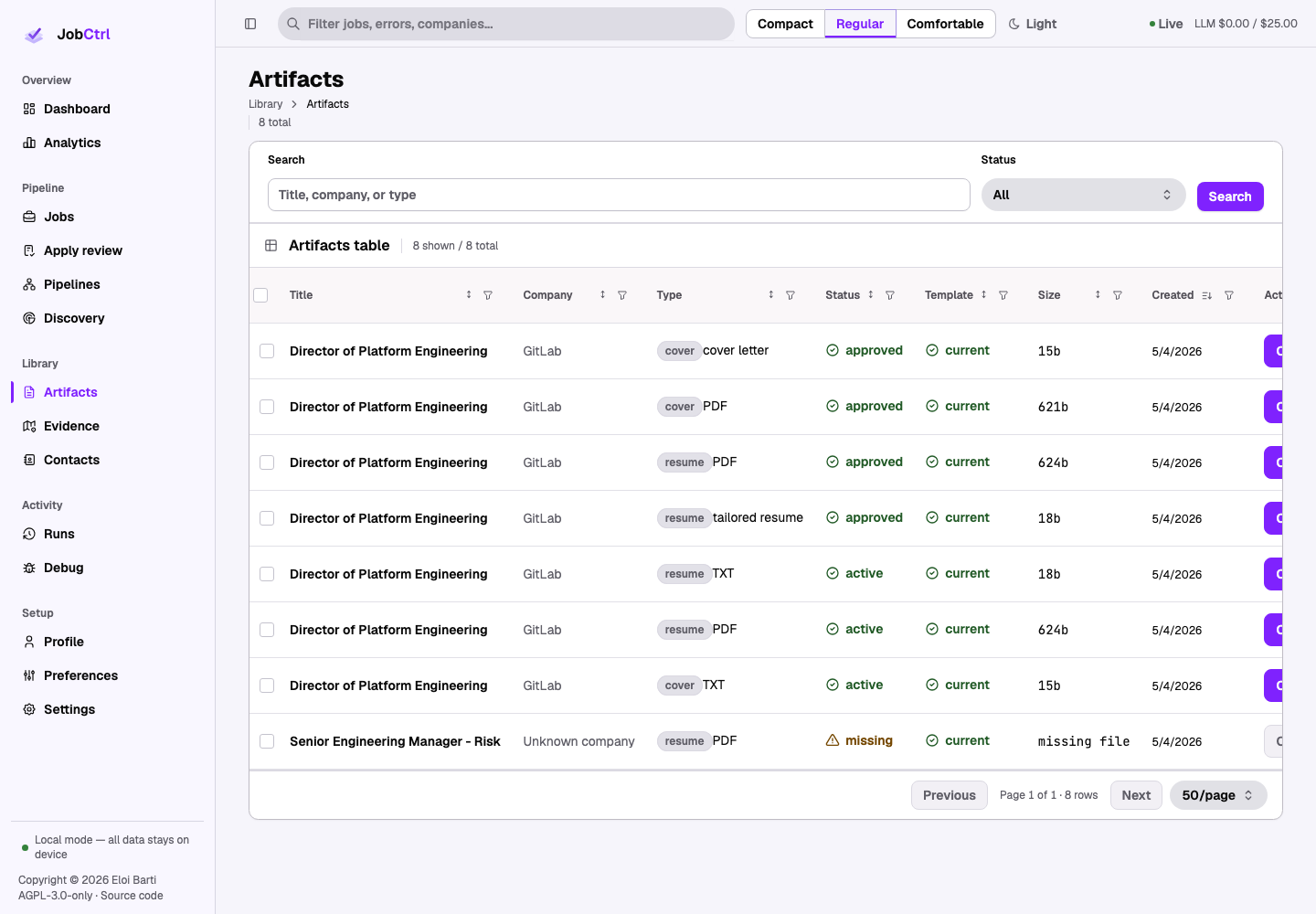 JobCtrl Artifacts workspace with search, type, status, company, template, size, and open actions