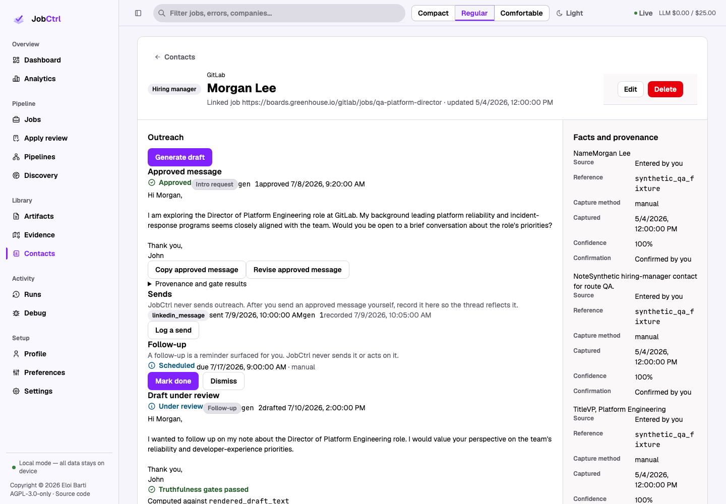 JobCtrl Contact Detail route workspace with facts, provenance, outreach versions, gates, and follow-ups