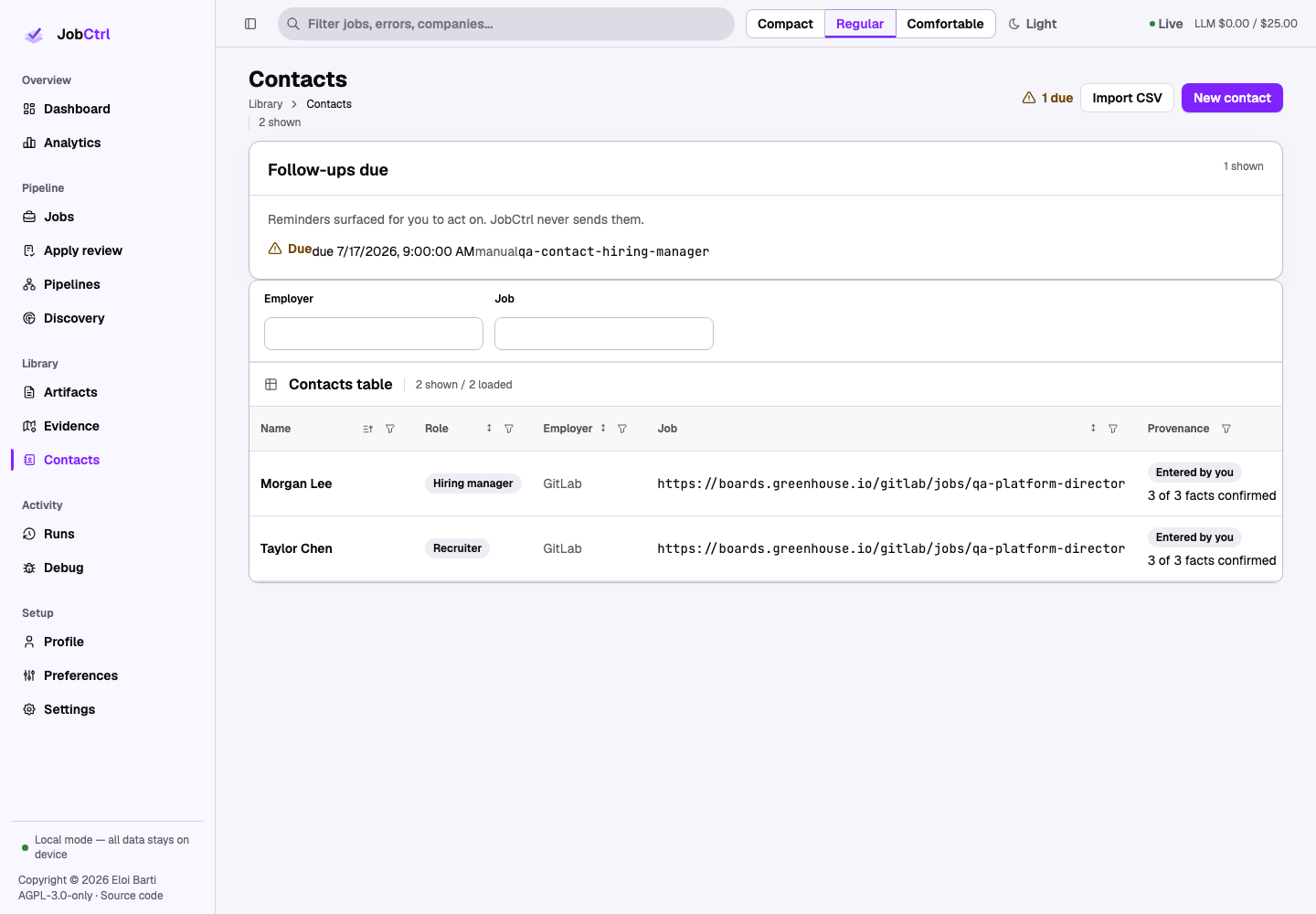 JobCtrl Contacts workspace with filters, provenance, due follow-ups, import, and contact actions