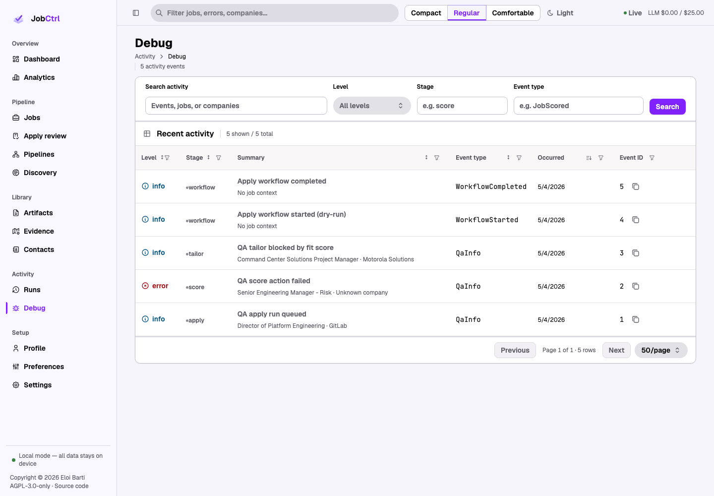 JobCtrl Debug workspace with event filters, levels, stages, references, and evidence links