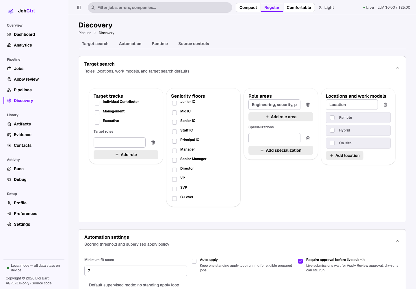 JobCtrl Discovery workspace with target search, sources, schedules, runtime, capture, and diagnostics