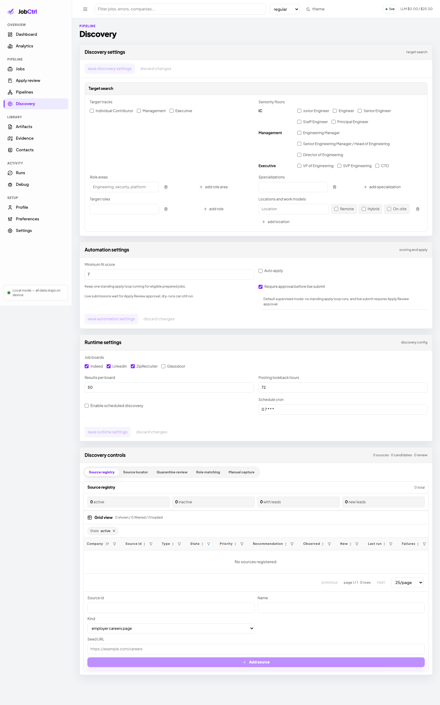 JobCtrl Discovery page with target search, seniority floors, job boards, and source registry