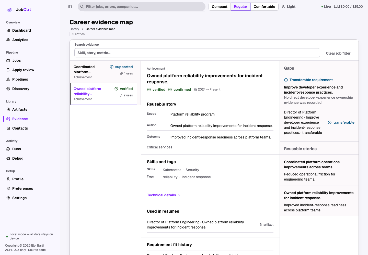 JobCtrl Evidence workspace with evidence library, selected usage detail, gaps, and reusable stories
