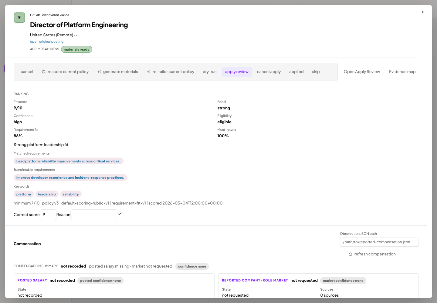 JobCtrl job detail drawer showing score, requirement fit, keywords, and compensation