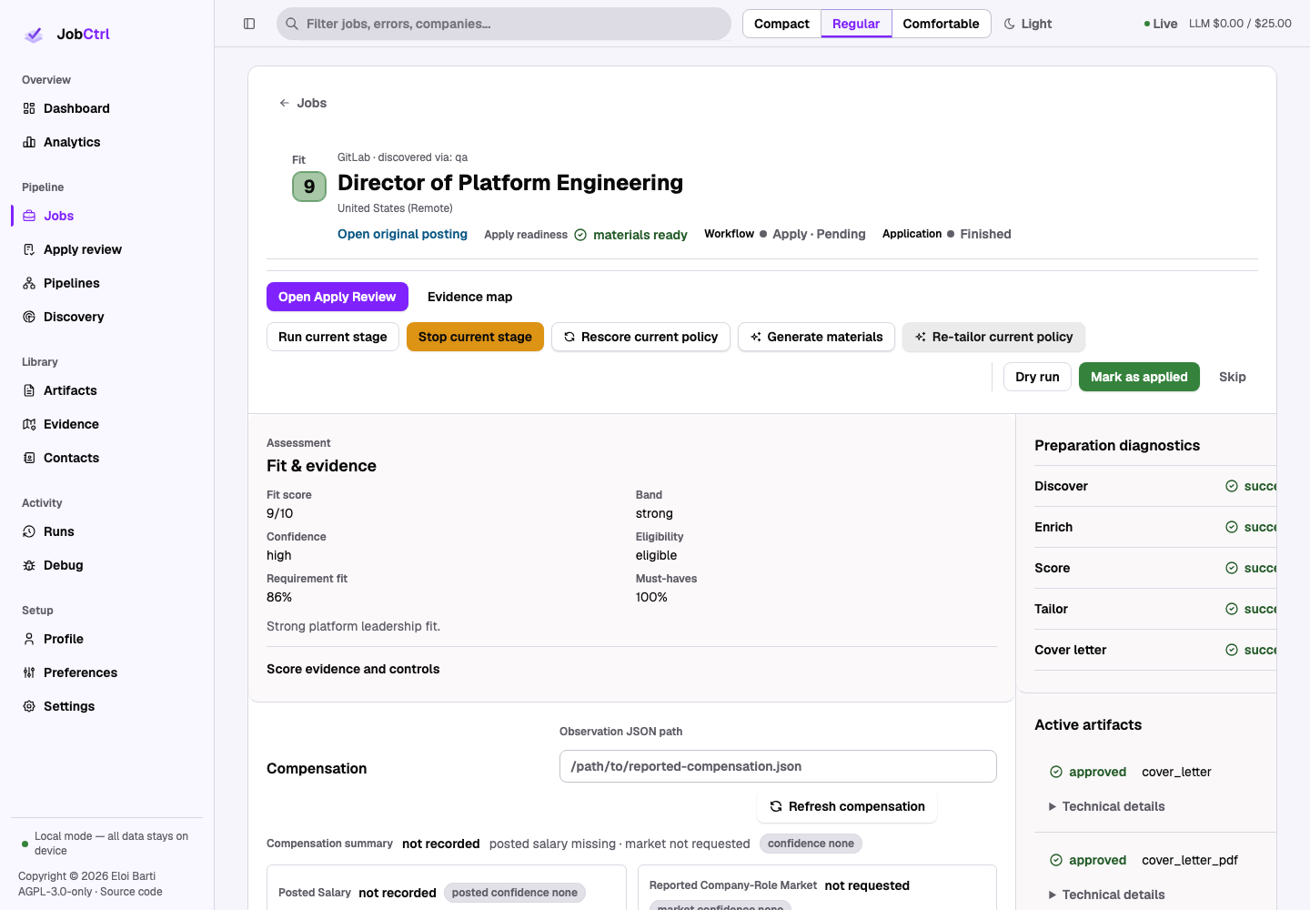 JobCtrl Job Detail route workspace with fit, provenance, compensation, materials, progress, and history