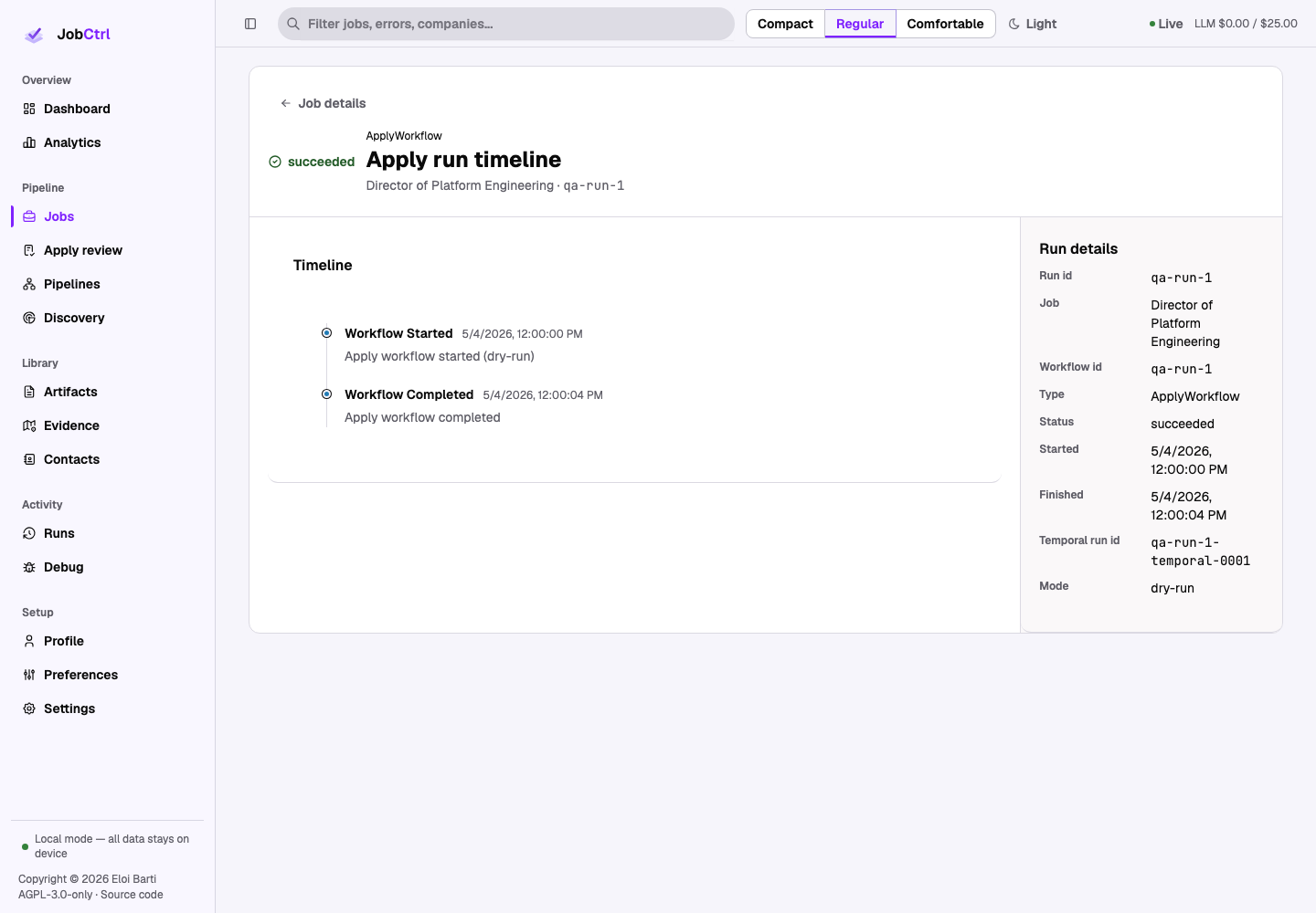 JobCtrl job run timeline workspace with workflow facts, status, failures, and events