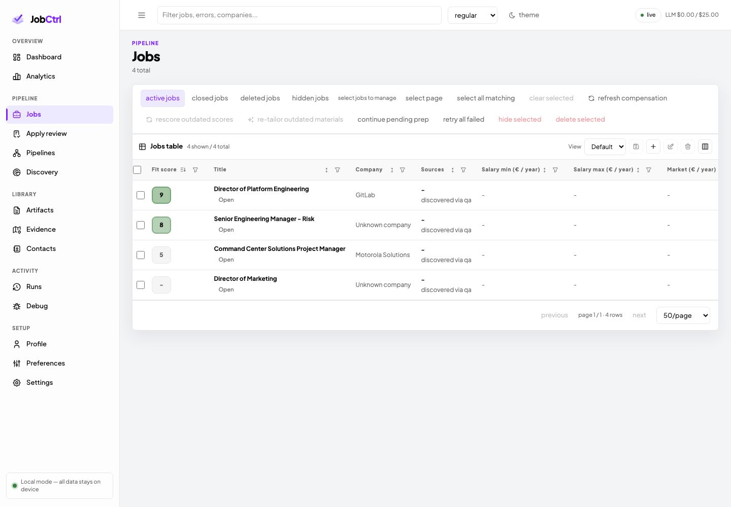 JobCtrl Jobs table with fit scores, companies, and triage actions