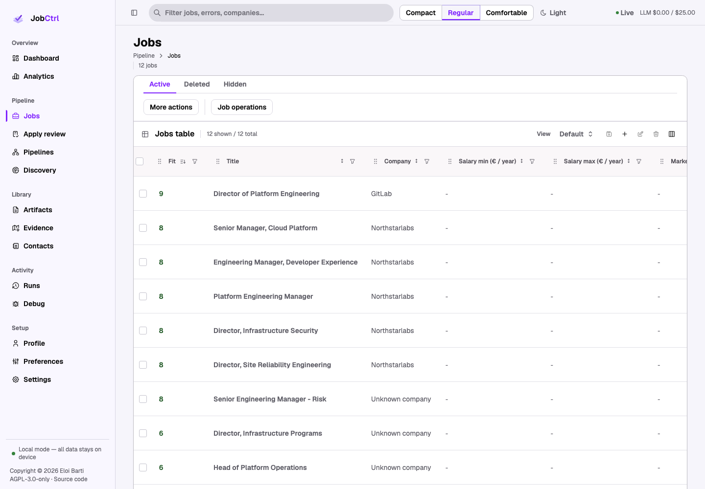 JobCtrl Jobs workspace with filters, saved views, fit evidence, and bulk actions