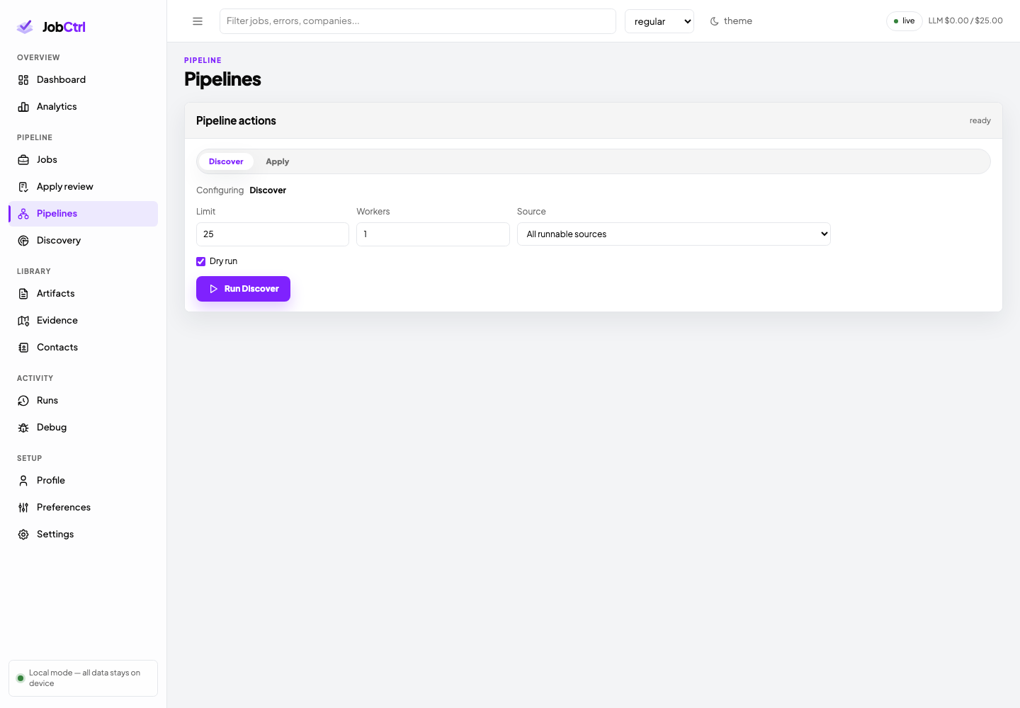 JobCtrl Pipelines page configuring a Discover run with dry-run enabled