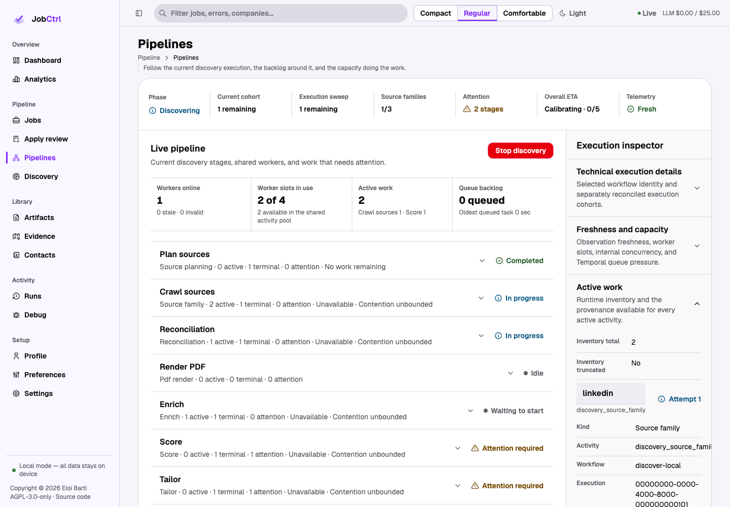 JobCtrl Pipelines workspace with launch controls, live stage flow, execution inspector, and active work