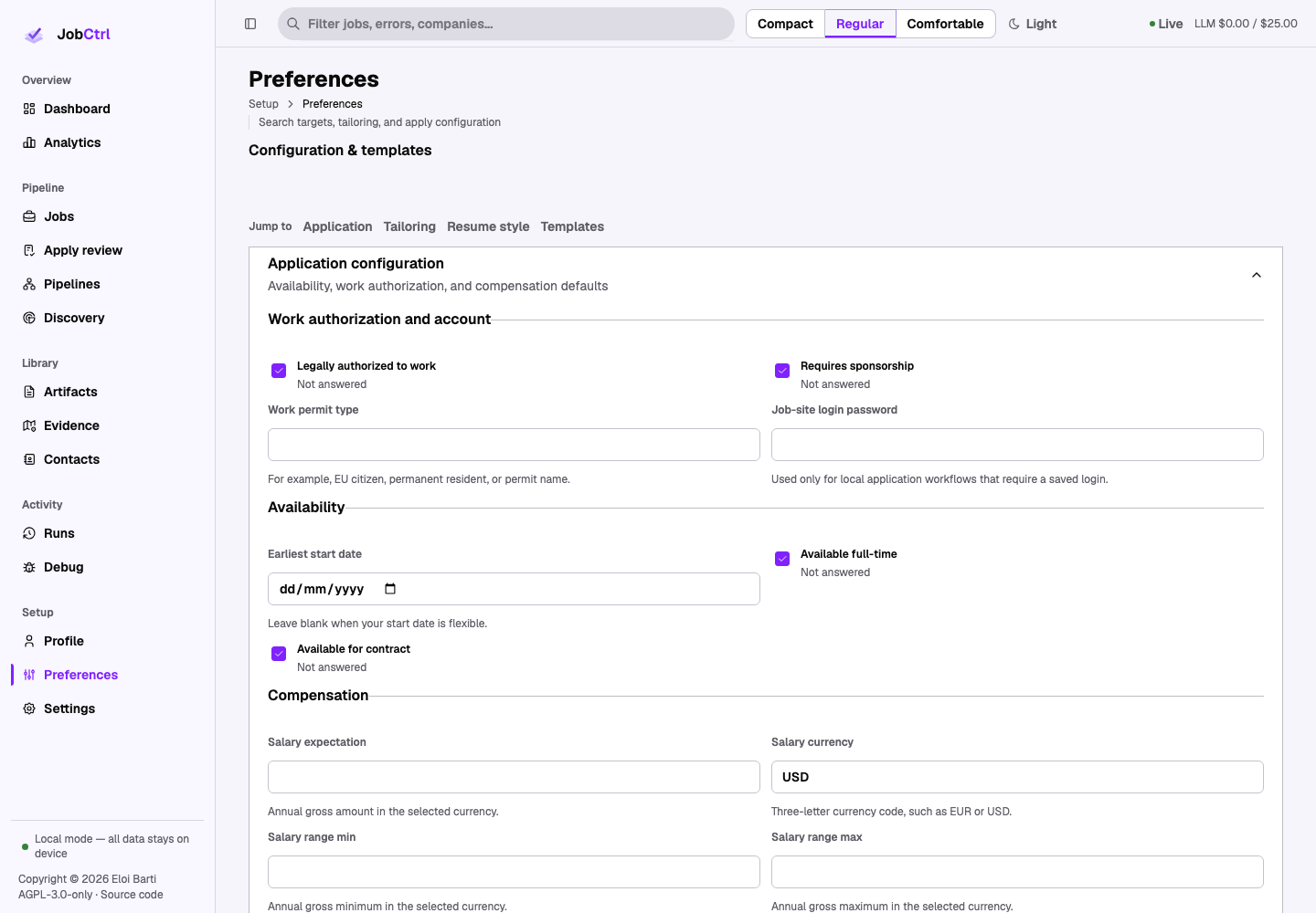 JobCtrl Preferences workspace with application, tailoring, resume style, and template preview controls