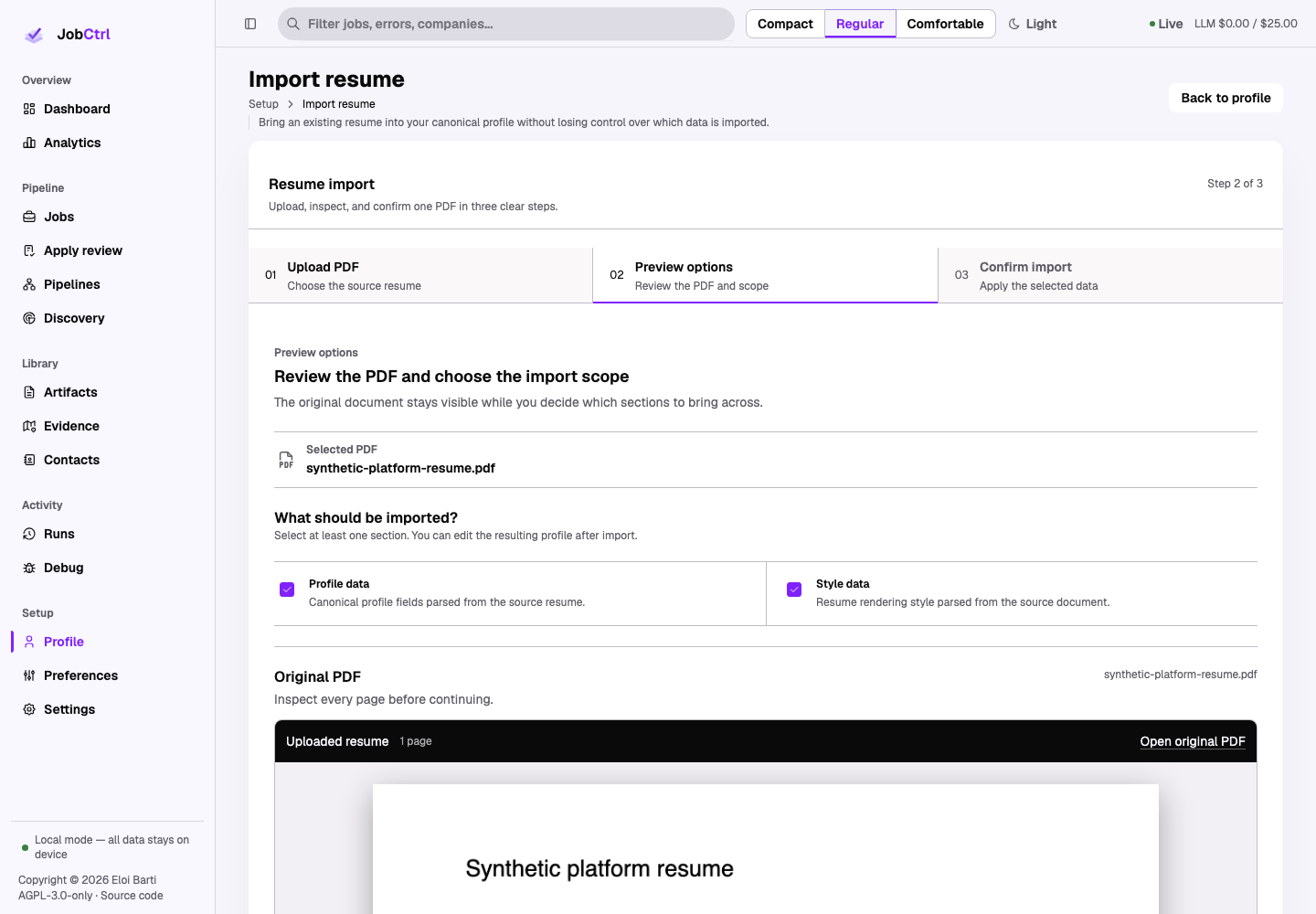 JobCtrl resume import options route selecting profile and style data