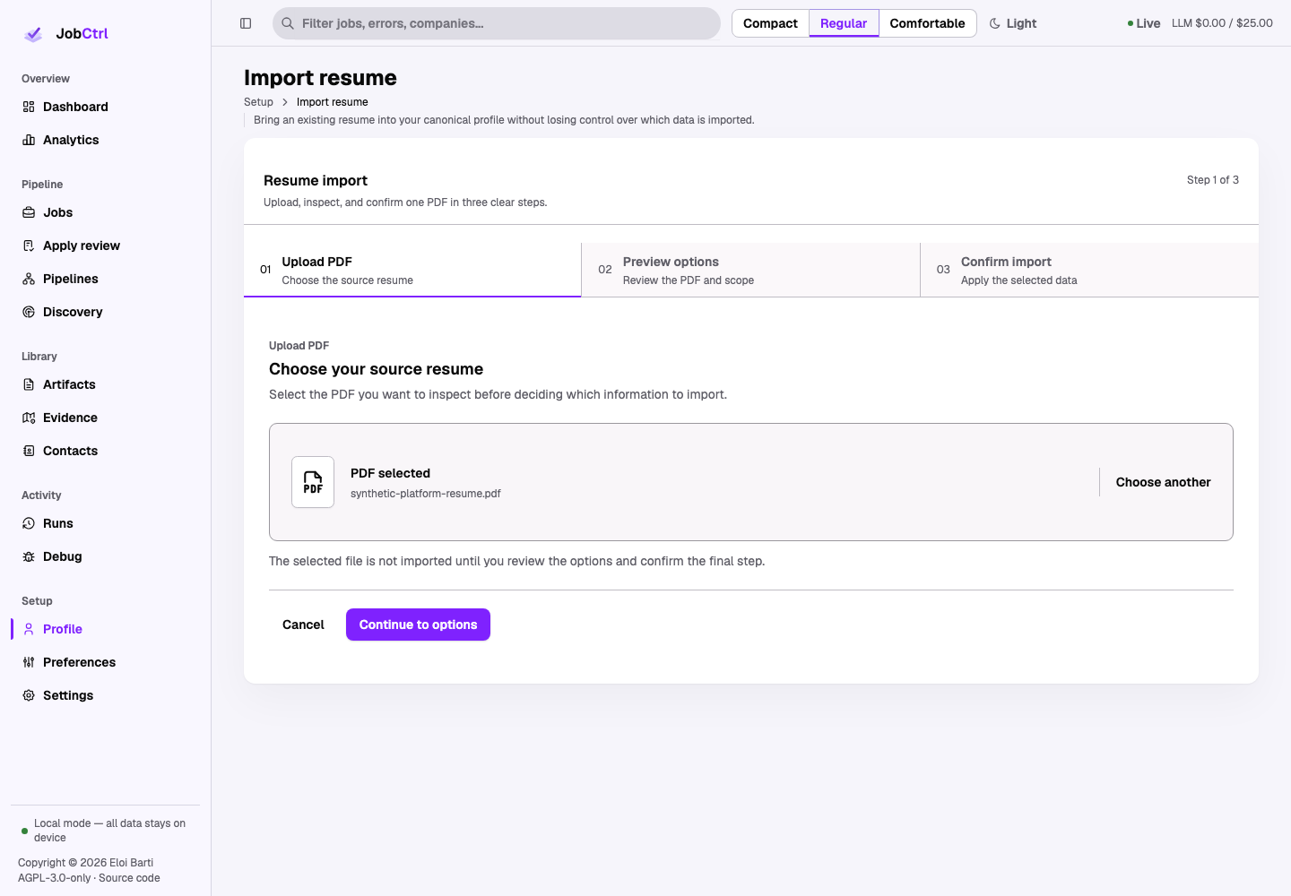 JobCtrl resume import upload route with a synthetic PDF selected
