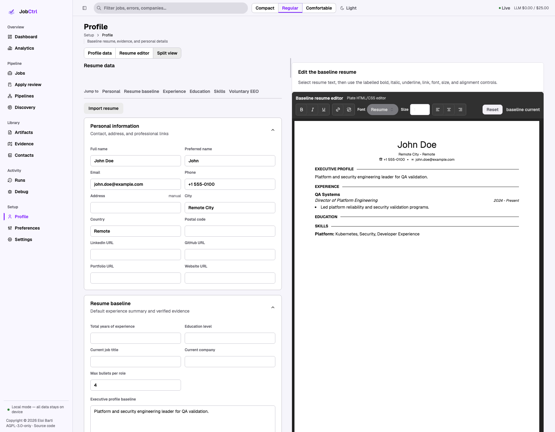 JobCtrl Profile workspace with canonical candidate fields and the real editable baseline resume
