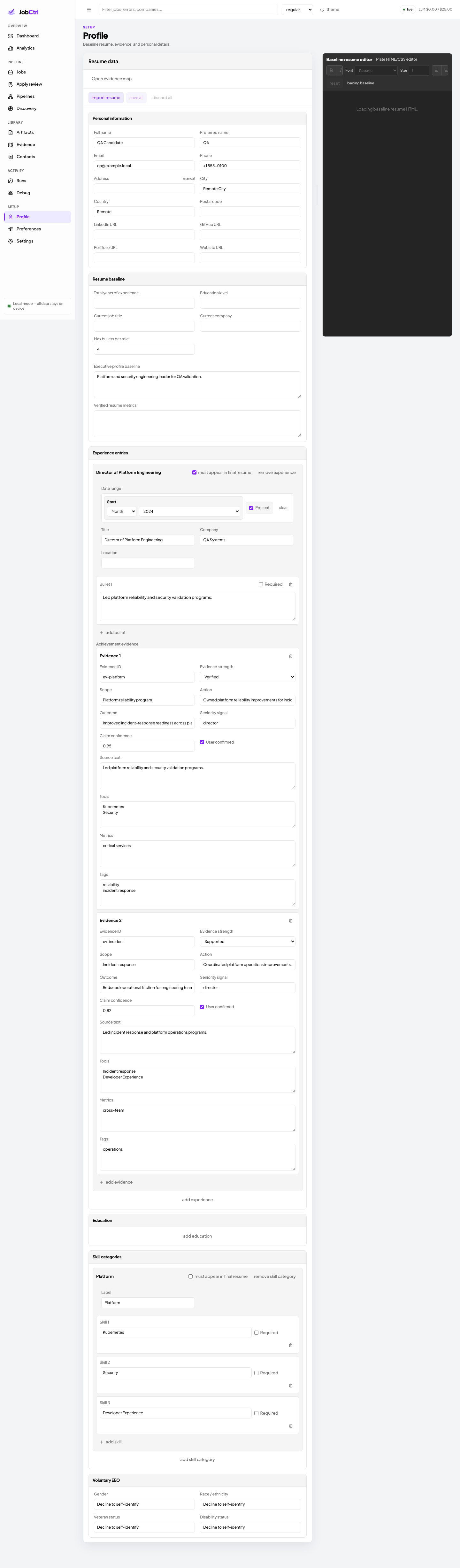 JobCtrl Profile page with personal information, resume baseline, experience, and skills