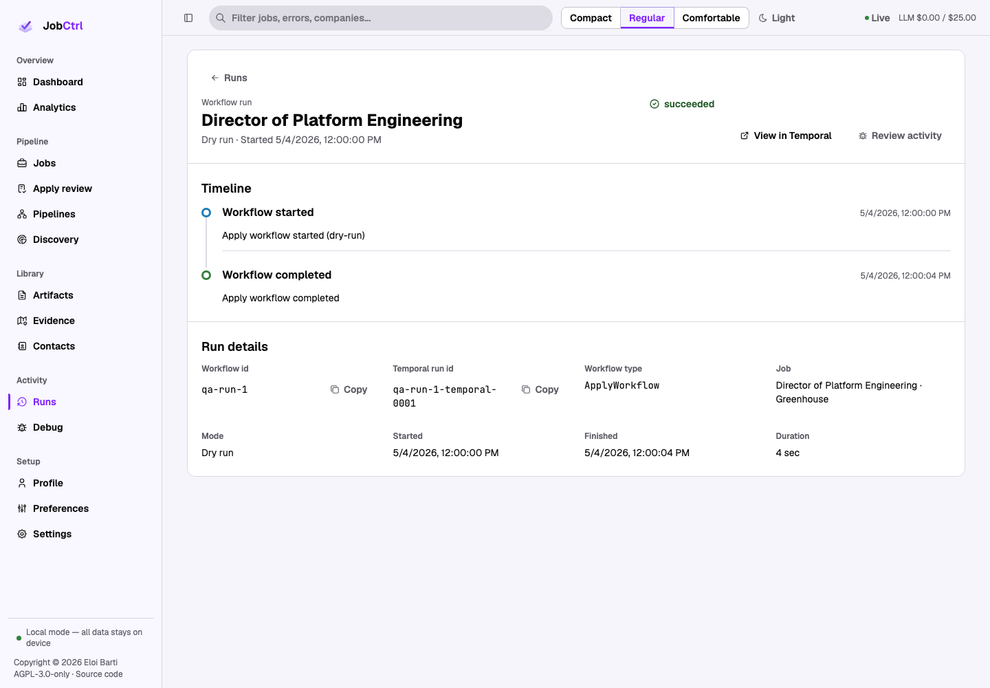 JobCtrl Run Detail route workspace with workflow facts, failure diagnostics, and lifecycle timeline