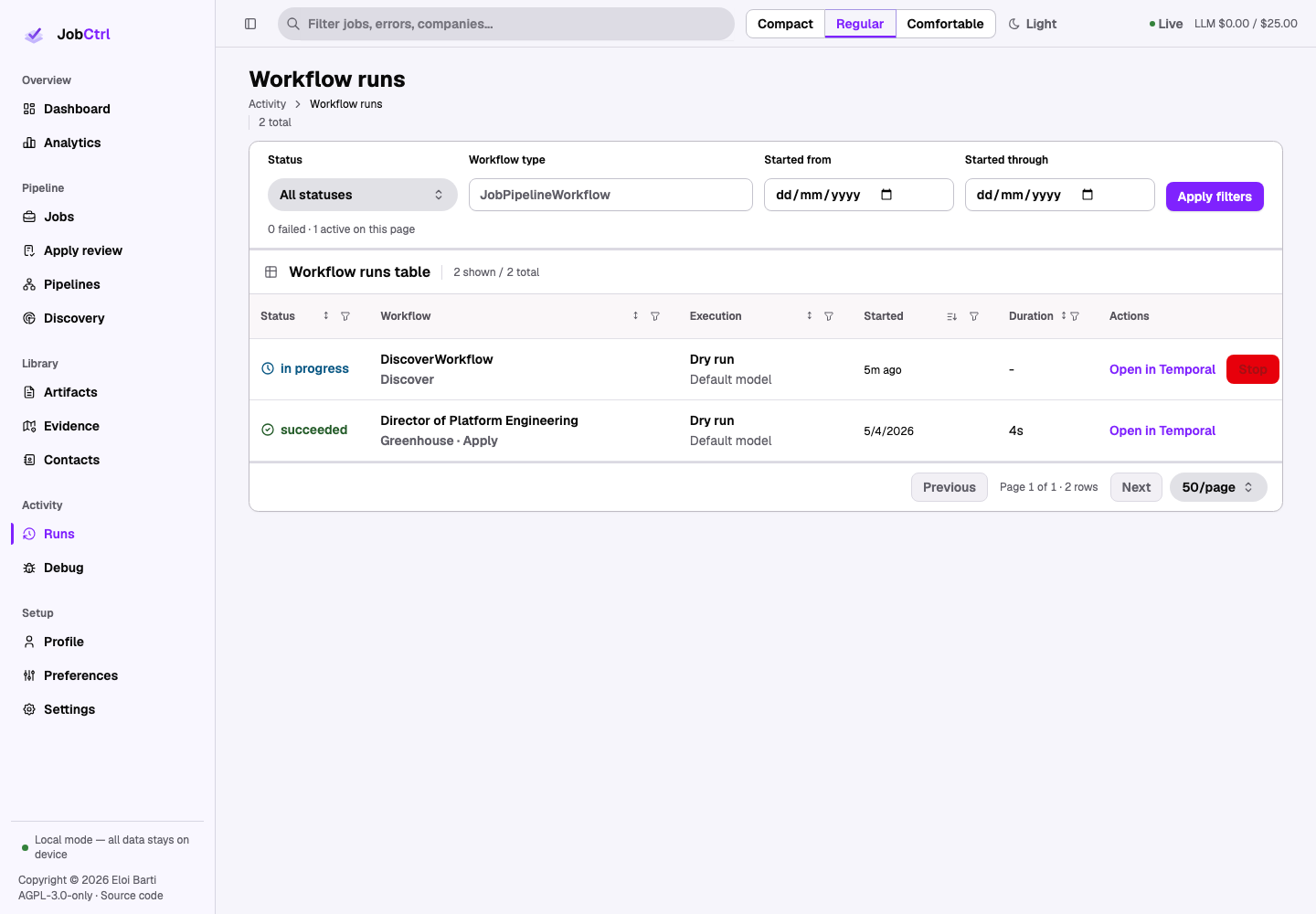 JobCtrl Runs workspace with workflow filters, identity, status, timing, and progress