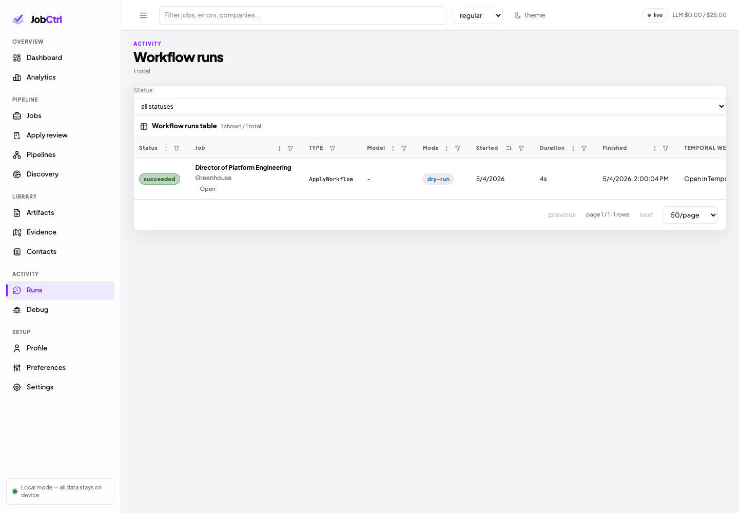 JobCtrl Runs page listing workflow runs with status and mode