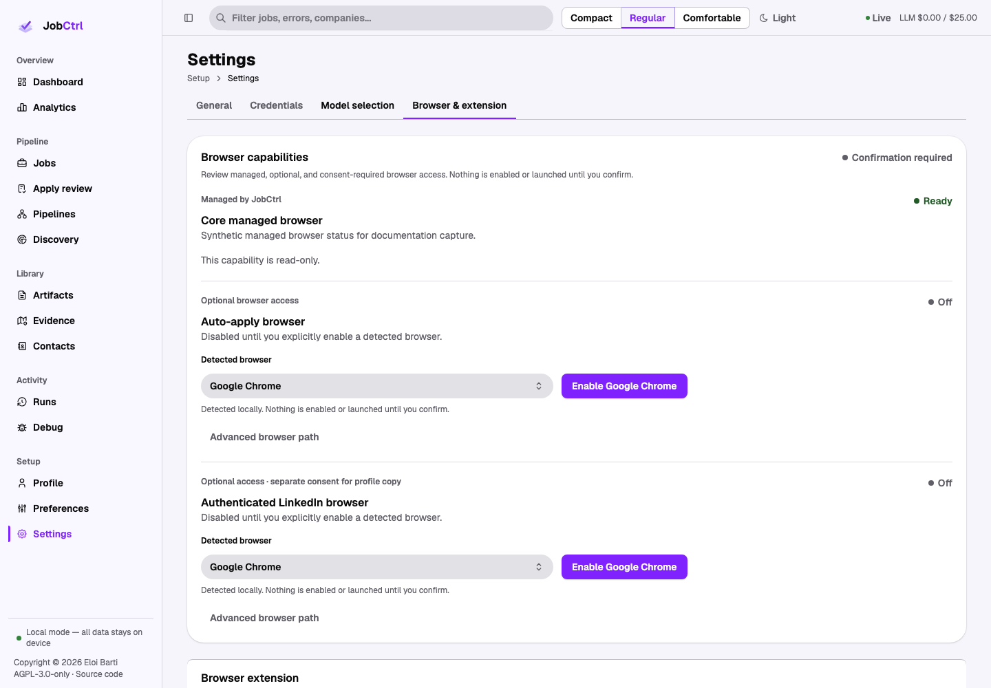 JobCtrl Browser and Extension Settings route with capability and pairing ledgers