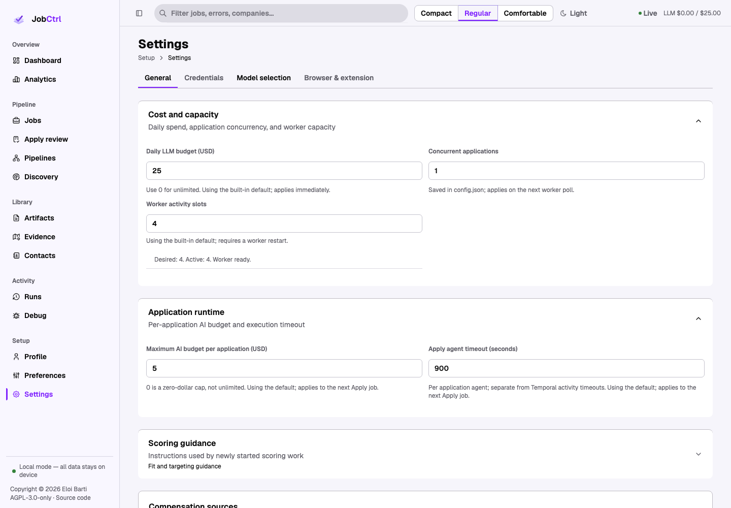 JobCtrl General Settings route with runtime, Apply, scoring, and compensation policy sections