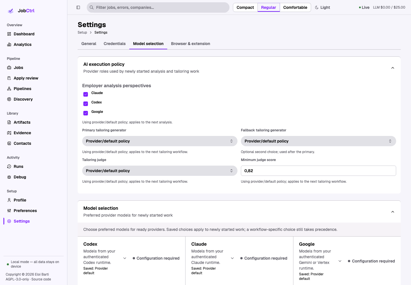 JobCtrl Model Selection Settings route with provider catalogs and AI execution policy